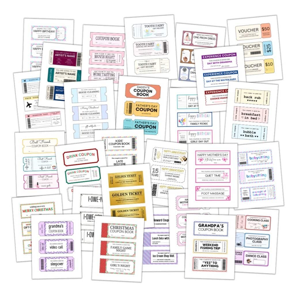 Mockup of 27 different types of coupon templates.