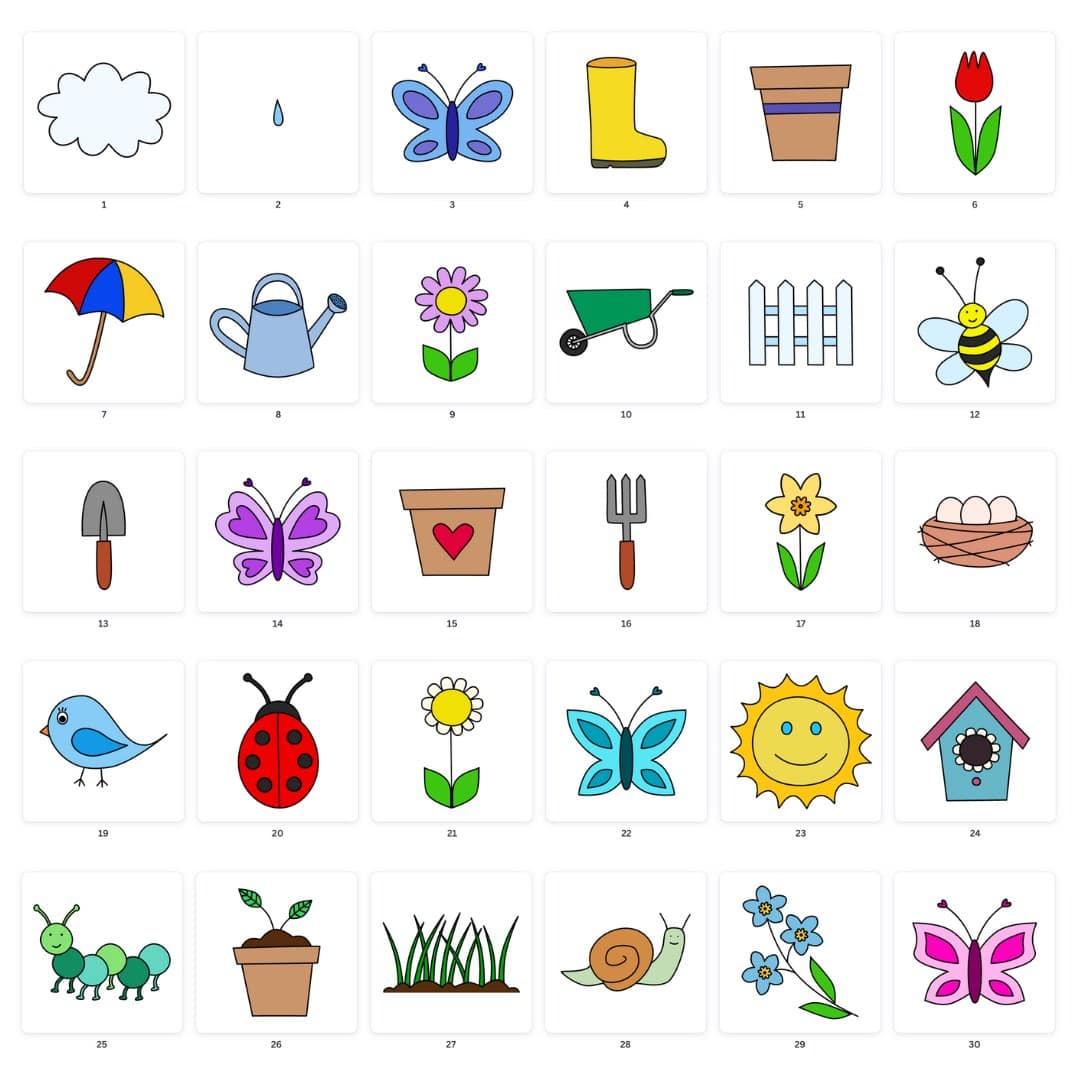 Screenshot of 30 colourful spring-themed clipart images.