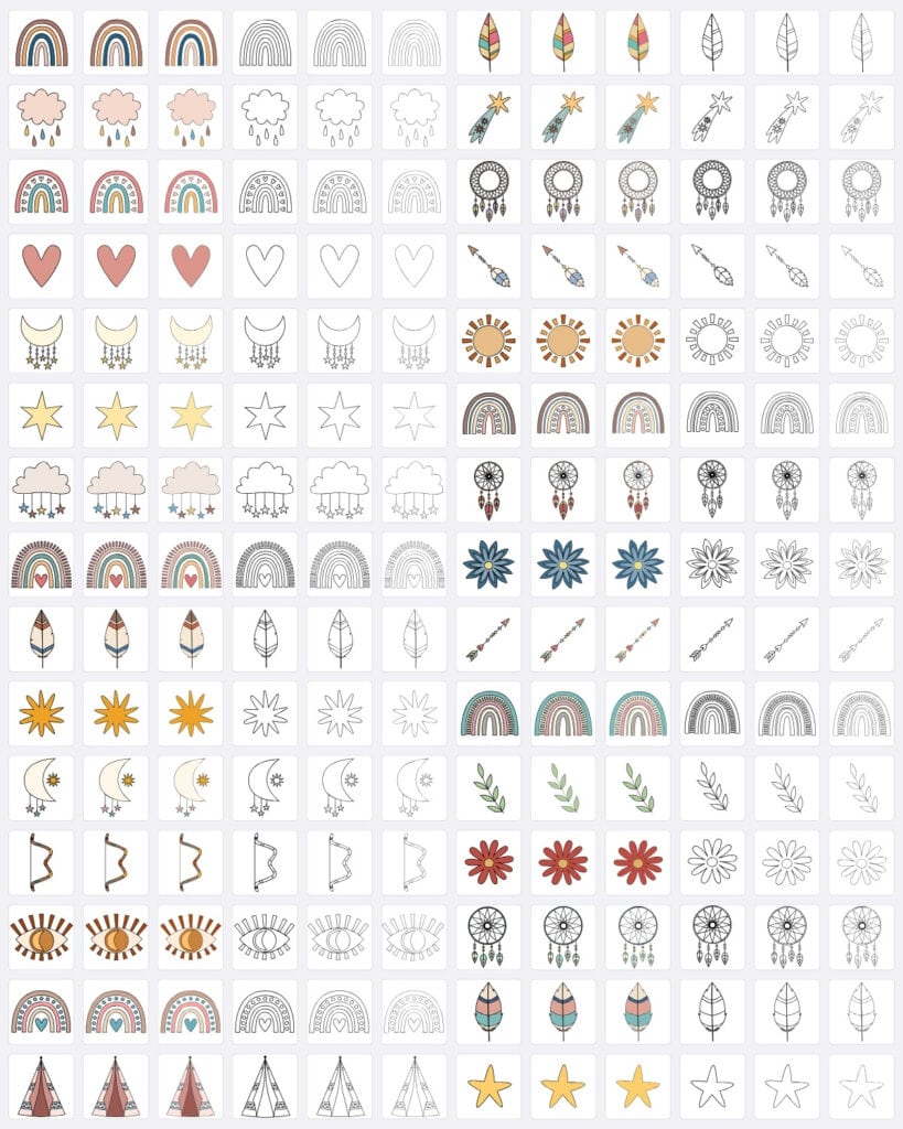 Preview of 180 graphic elements included in the boho clipart set.