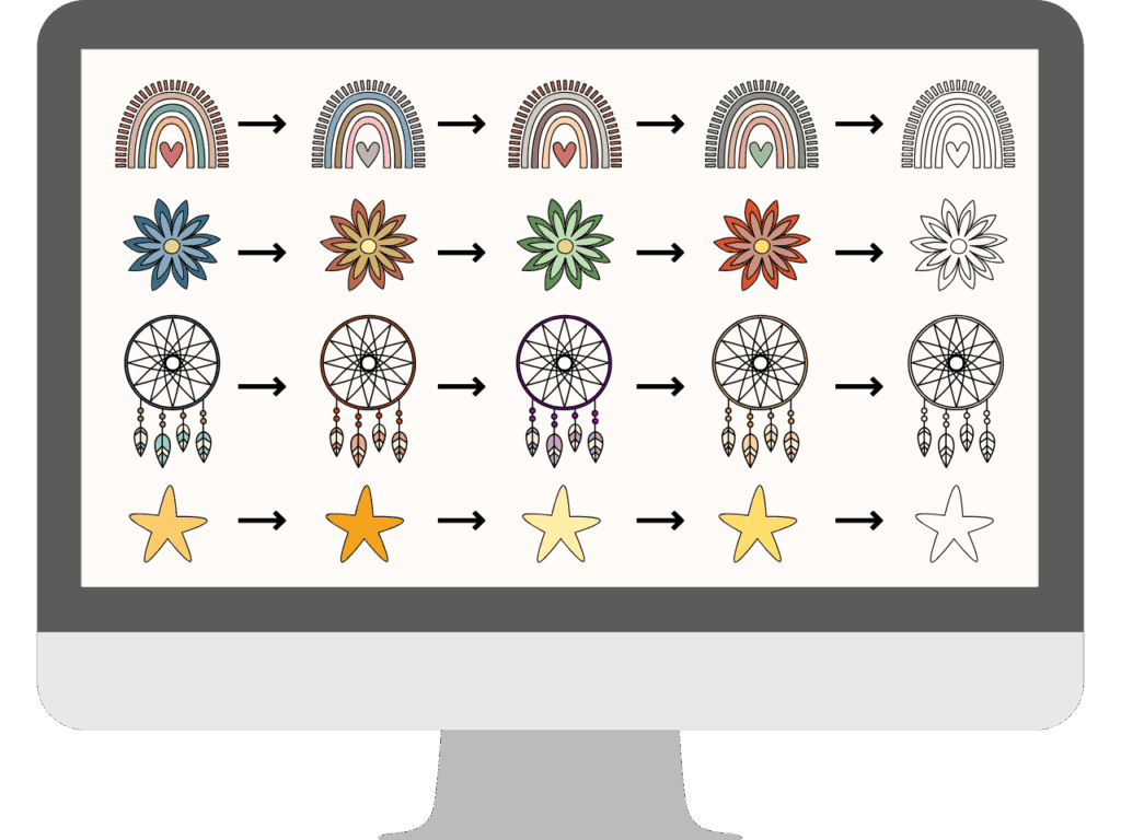 Mockup of a computer showing clipart colors being changed.